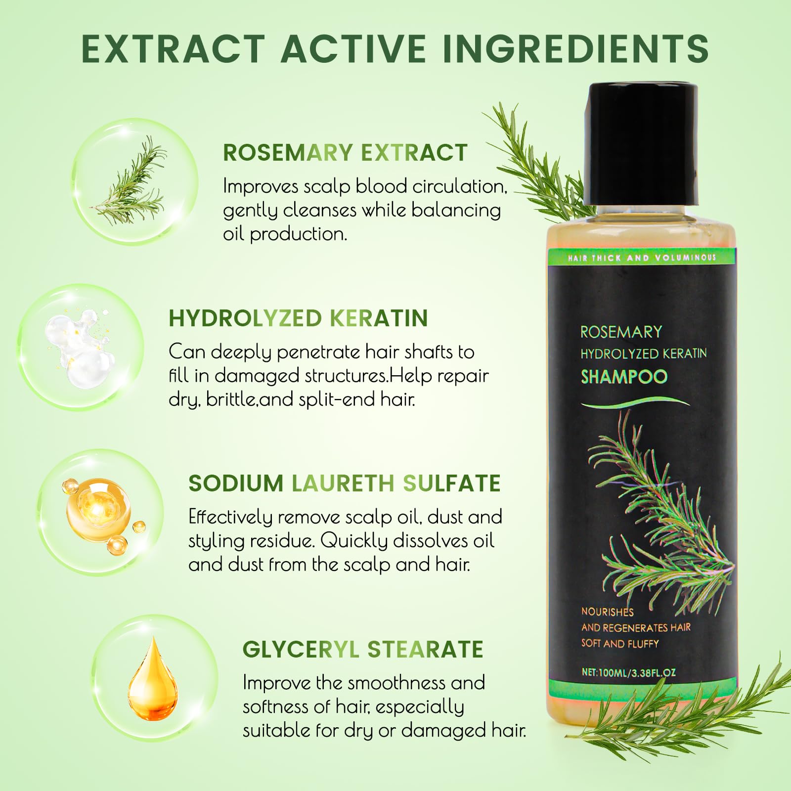 Shampoo au romarin pour la croissance des cheveux, shampooing organique au romarin Hair Growth Shampoo, épaississant naturel et fortifiant à la kératine hydrolysée contre la perte de cheveux fins et