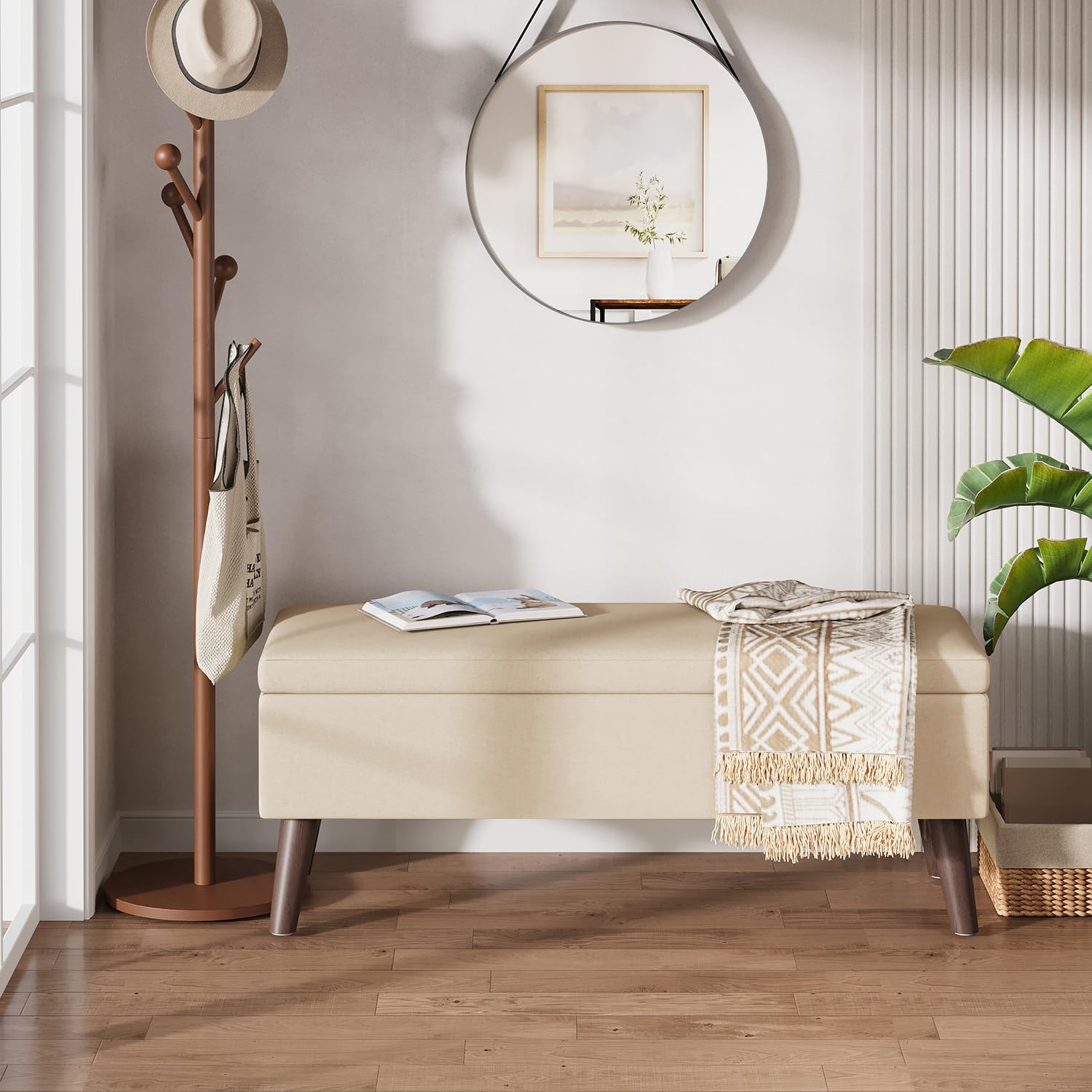 Banco Almacenamiento Baúl Puff Tapizado 110 cm Beige | Tapizado Aspecto Lino, Estructura Robusta y Estable, Ideal para Dormitorio, Pasillo y Salón