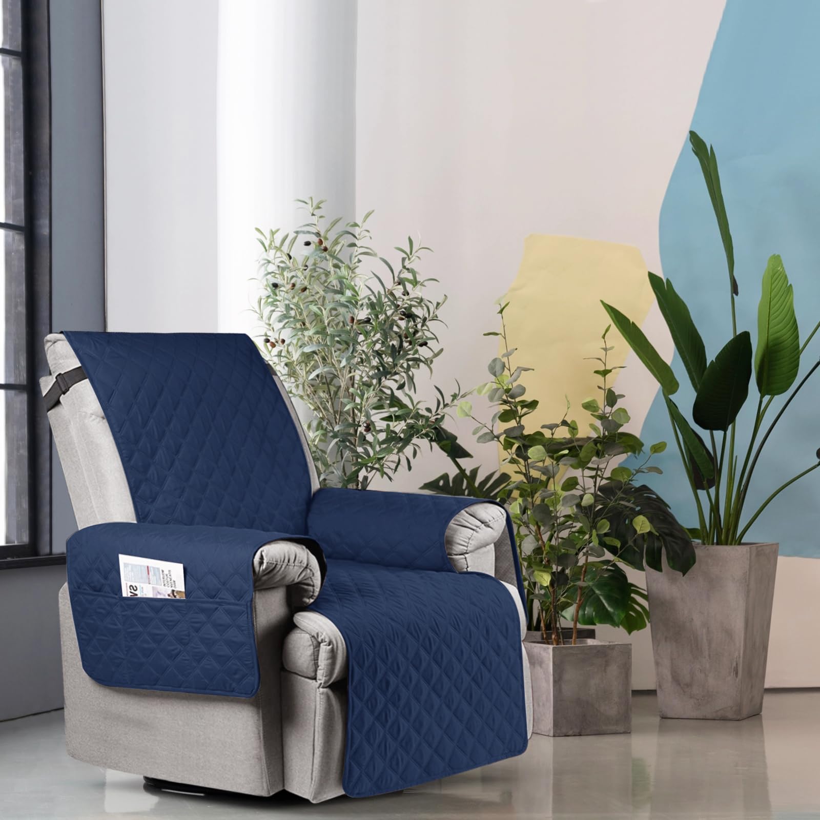 Copertura Impermeabile del sofà del reclinabile di 100%, Copertura reclinabile Antiscivolo della Sedia di 3 posti con Le Cinghie Elastiche per i Cani,Navy Blue,1 Seater