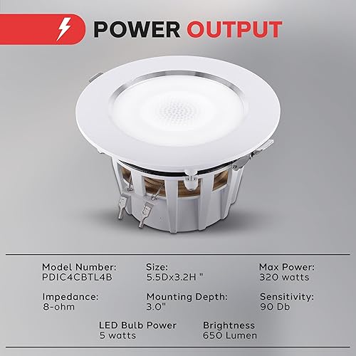 Miniatura 8 de Pyle Altavoces en pared de techo de 4 pulgadas, 320 vatios máximo, sonido estéreo de 2 vías, diseño empotrado con receptor inalámbrico BT, luz LED y