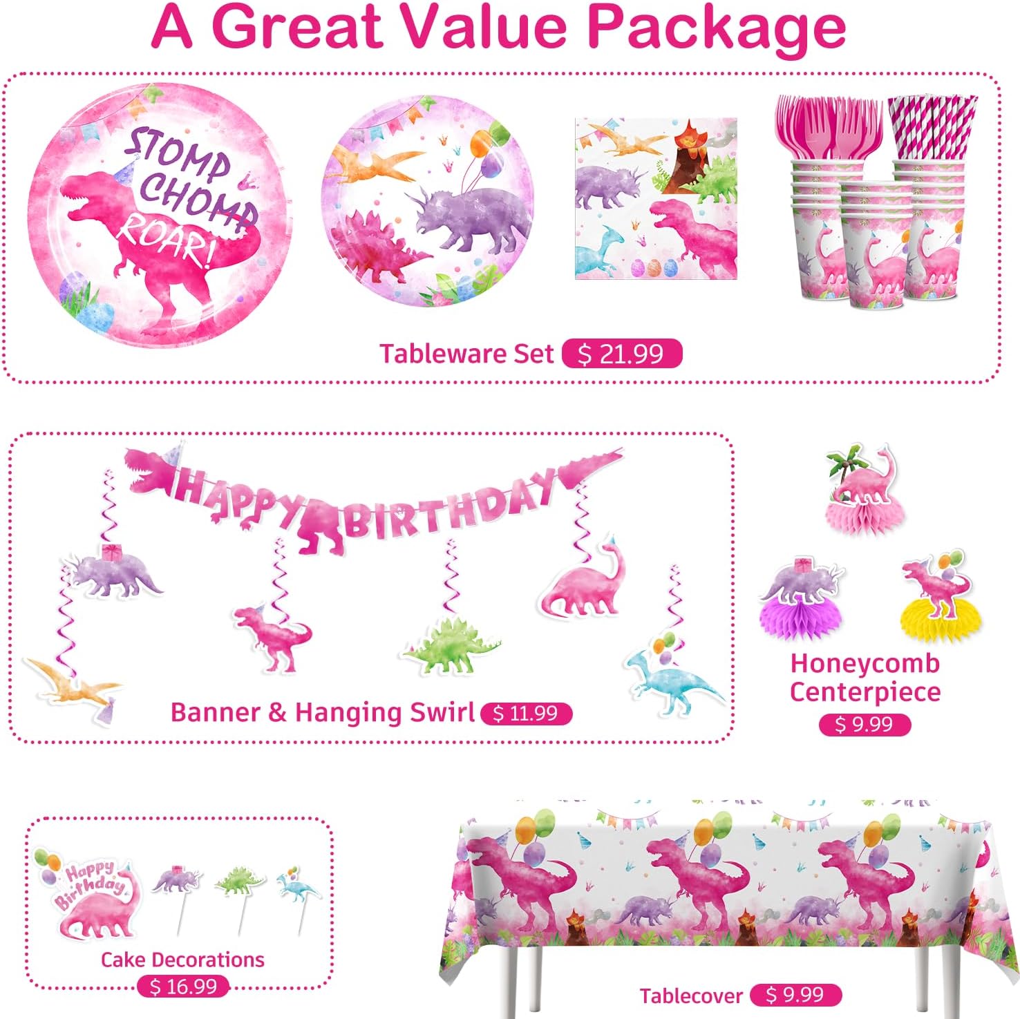 cocomigo 181pcs Pink Dinosaur Birthday Decorations Tableware Set, Watercolor Party Supplies with Banner Plates Cups Tablecloth for Girls Dinosaur Birthday Decorations, Serve 25