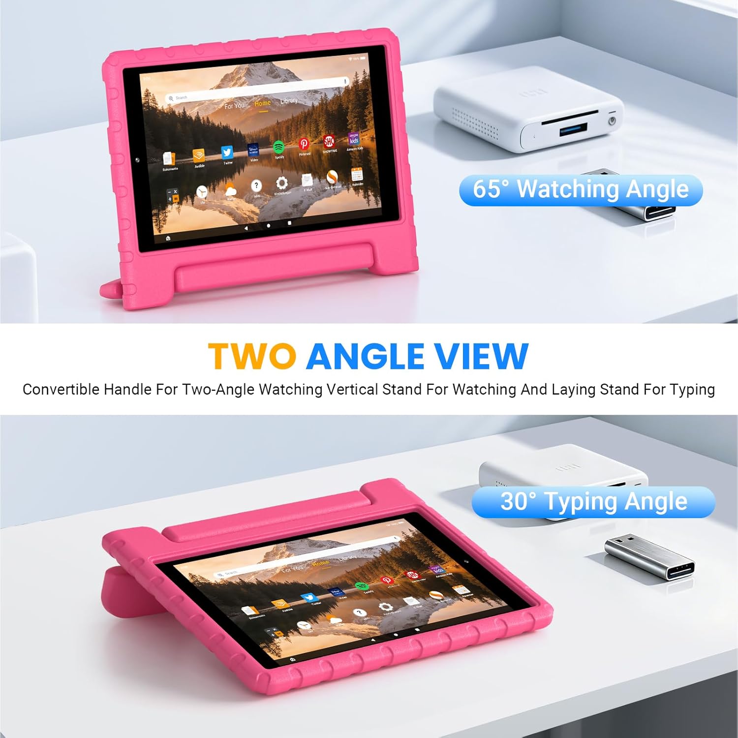 Kids Case for Fire HD 10 2019/2017/2015 Releases, HD 10 5th/7th/9th Gen Cover Shockproof Kid-Proof Flexible Durable Foam Cover with Handle Stand for Fire HD 10 2015/2017/2019 Releases(Rose)
