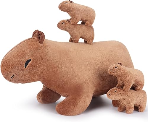Capybara - Mamá de peluche con 4 peluches de bebé Capybara, 5 piezas de almohada de felpa de Capybara, almohada suave para abrazar para niños y