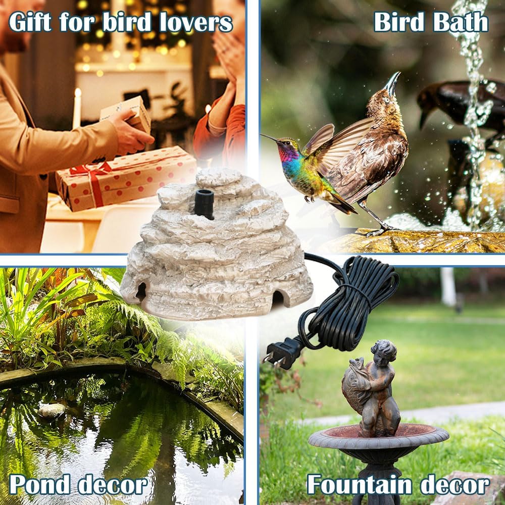 Bird Bath Fountain, Resin Granite with 9.8ft Long Wired Pump for Outdoor Garden Patio Decor, Rock Water Feature Fountain for Hummingbird Birdbath Aquariums and Fish Tank (Gray)