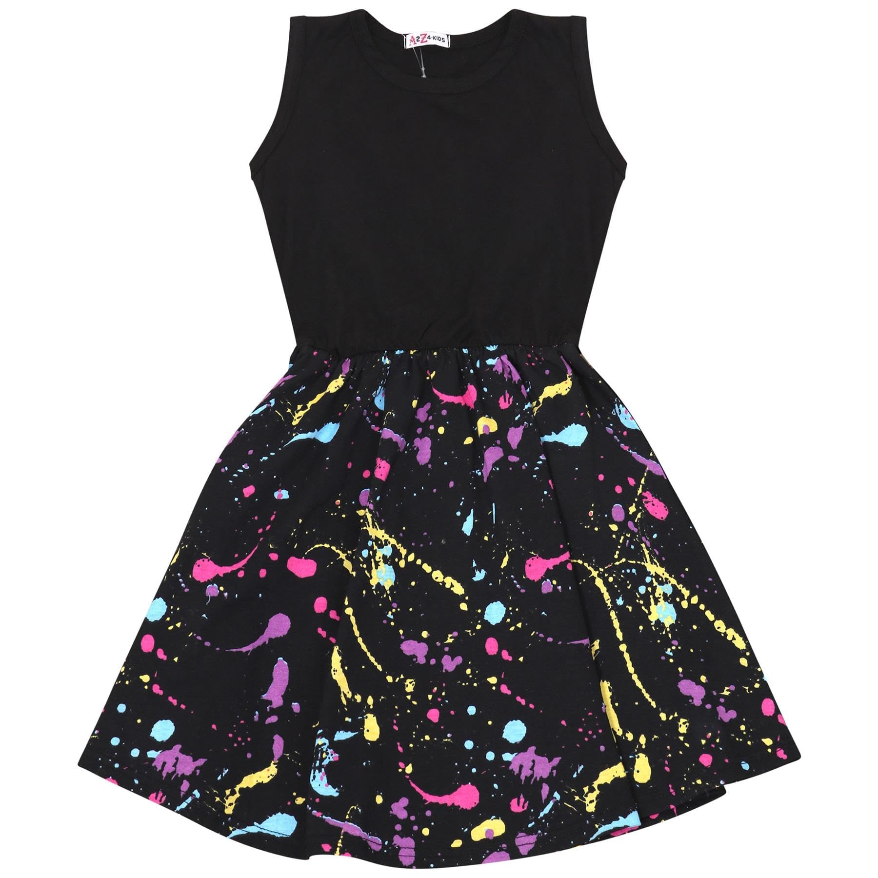 A2Z 4 Kids Girls Black Panel Skater Dress Pastel Splash Print Fashion Party Top Summer Dresses New Age 5 6 7 8 9 10 11 12 13 Years