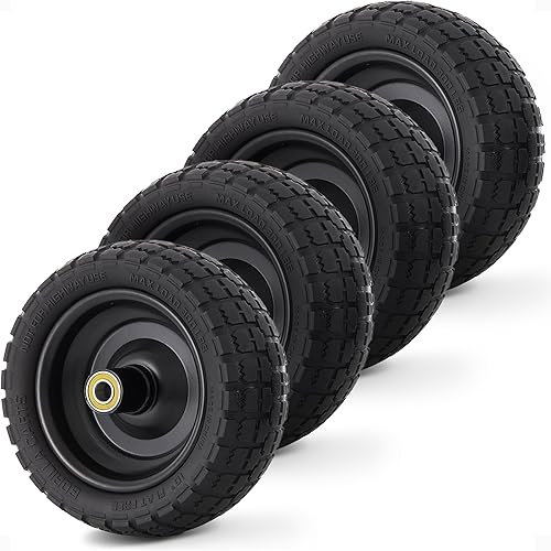 Gorilla Carts 4-Pack 10 Inch No-Flat Replacement Tires, 300 lb Capacity Each – Solid Polyurethane, 2.16” Hub, 5/8” Bore – Fits Lawn & Garden Utility Wagon, Hand Truck, Air Compressor, Pressure Washer