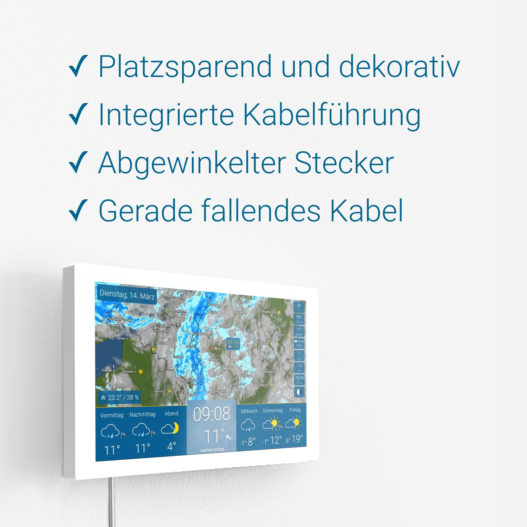 Wandhalterung für wetteronline home (ab 2. Generation), komplettes Wandmontage-Set mit Kabel, Schrauben und Dübeln, elegante Wandbefestigung für Wetter auf Augenhöhe, weiß, 90-Grad-Winkelstecker