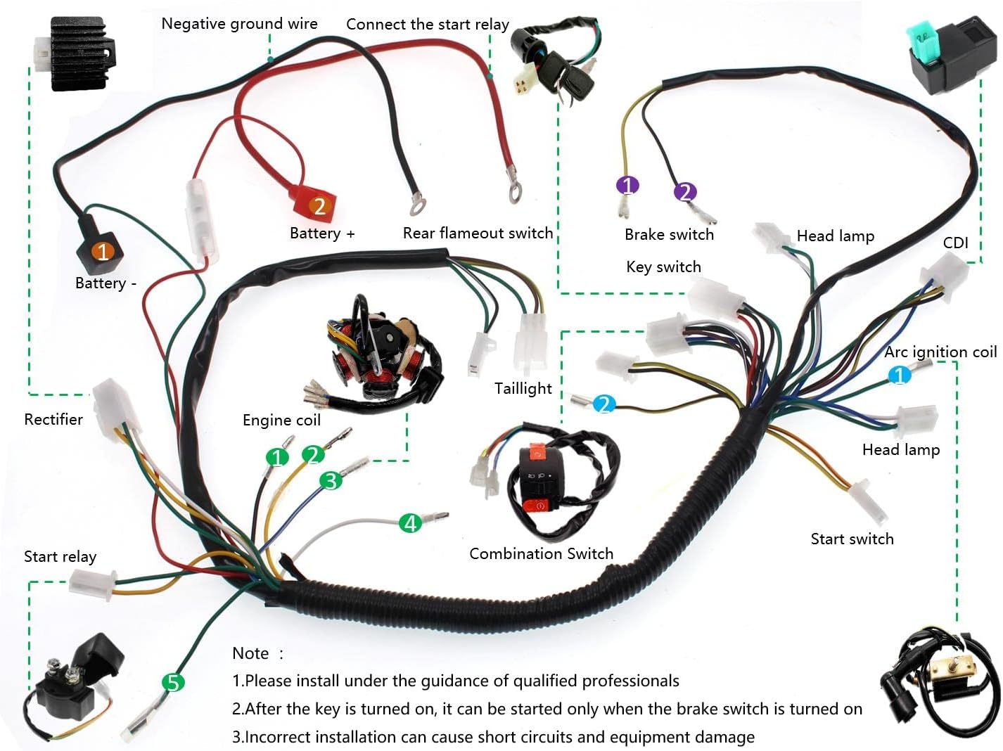110cc ATV Wiring Harness Kit For Chinese 125cc 110cc Wiring Harness Compatible with Kazuma Baja Taotao 125cc 110cc 90cc 70cc 50cc 4 Stroke ATV Go Kart Scooter Pit Bike Quad Moped