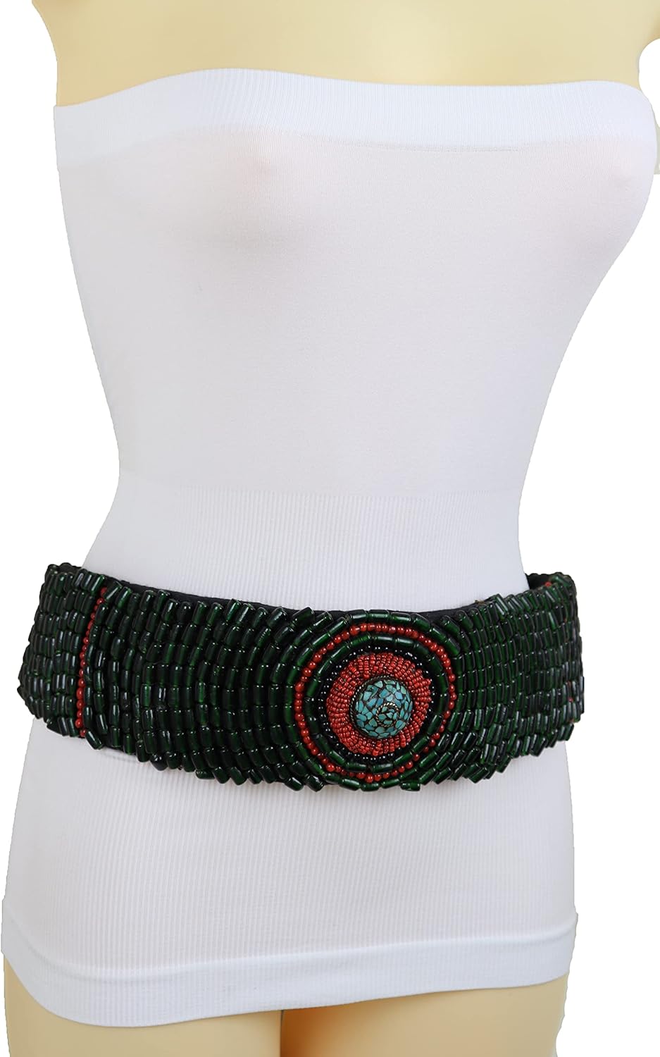 TrendyFashionJewelry Women Wide Tie Fabric Waistband Belt Hip Waist Green Beads Wrap Around Bohemian M L XL
