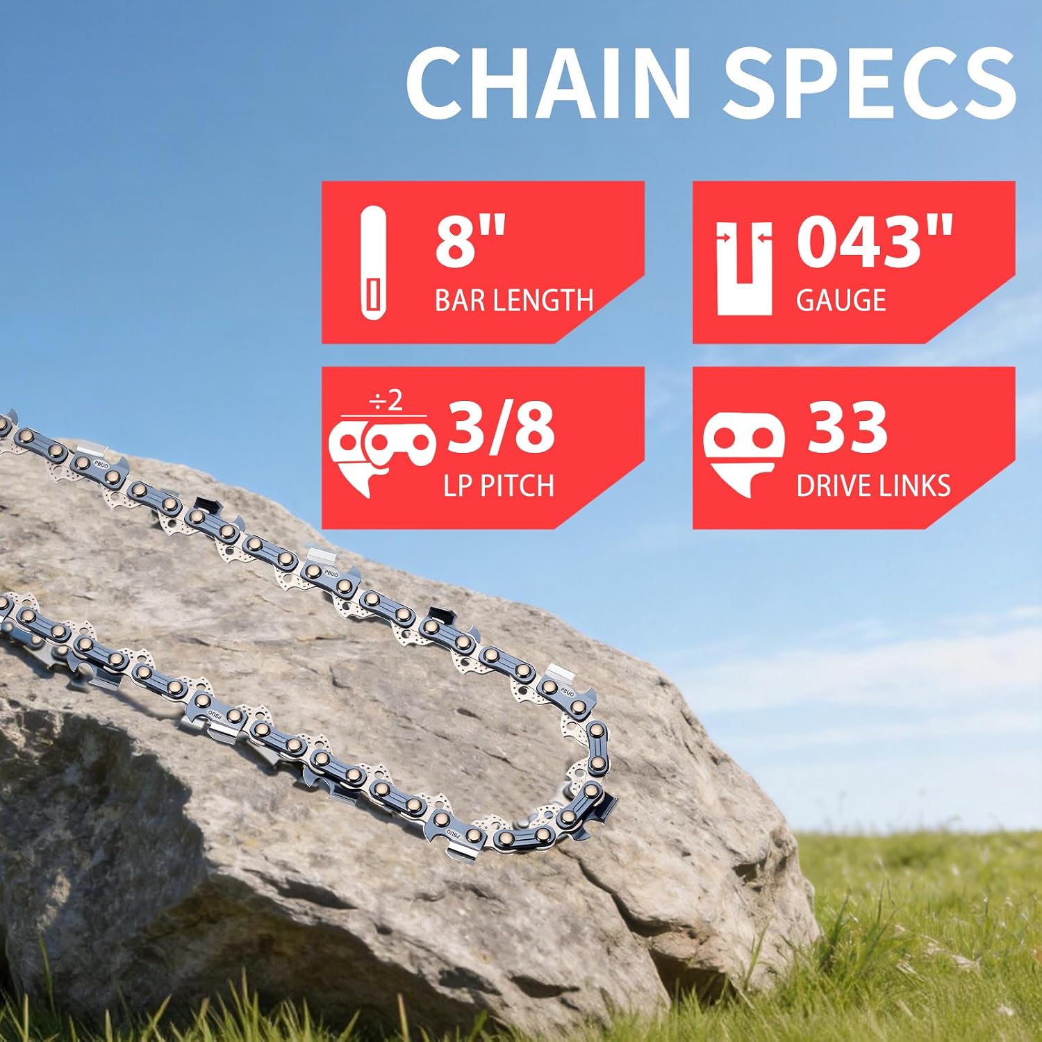 8 Inch Chainsaw Chain Replacement, 3/8" LP Pitch .043" Gauge 33 Drive Links, Fits Ryobi P4361, P5452, Greenworks 20142 3004, Poulan 810 EPT and More, Semi-Chisel Low-Kickback Design, 3 Pack | P-Series