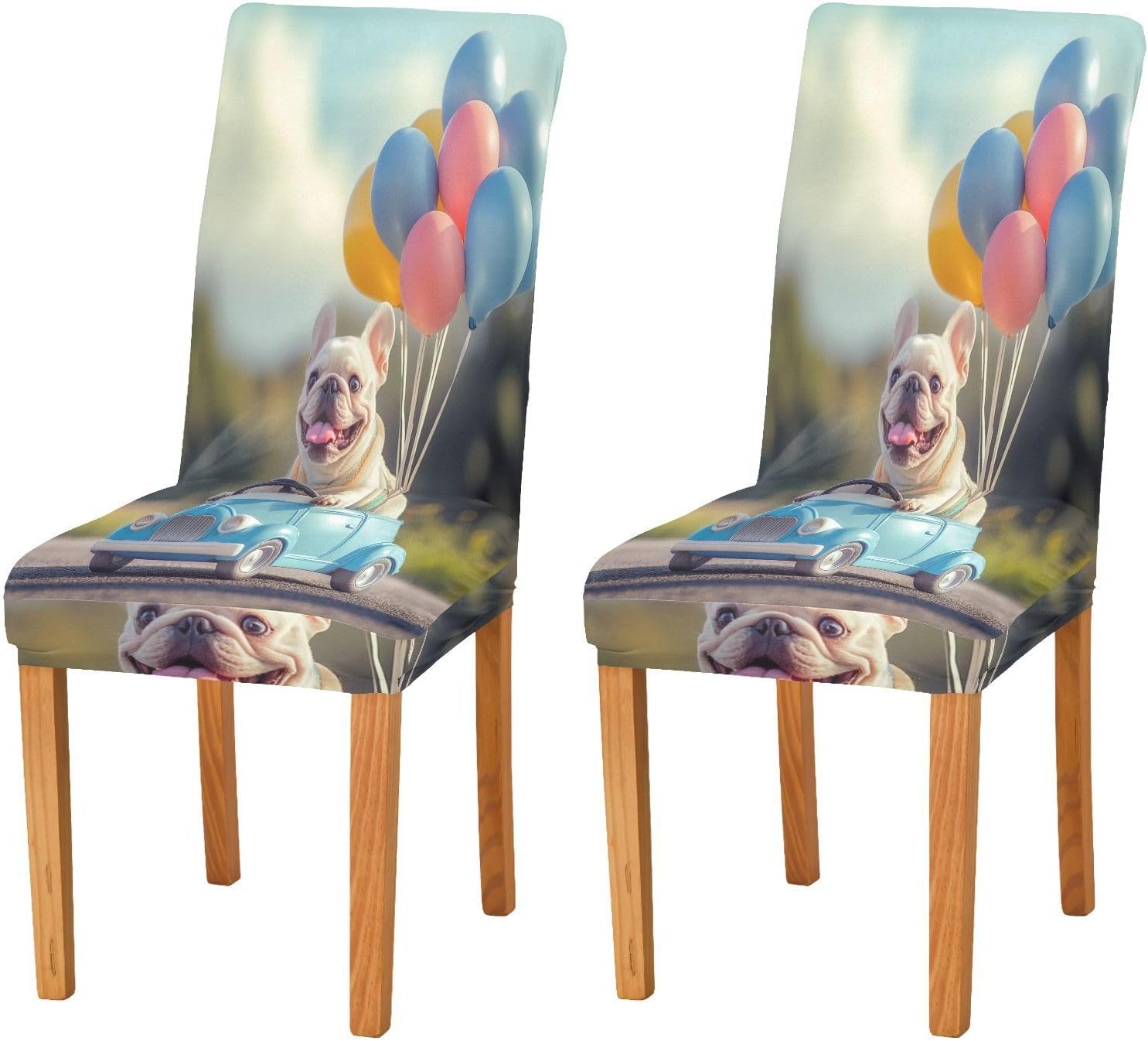 ALAZA Chair Covers for Dining Room, French Bulldog Driving Car with Balloons Dog Stretch Chair Cover Sets Chair Protector Removable Washable for Ktichen Restaurant Hotel