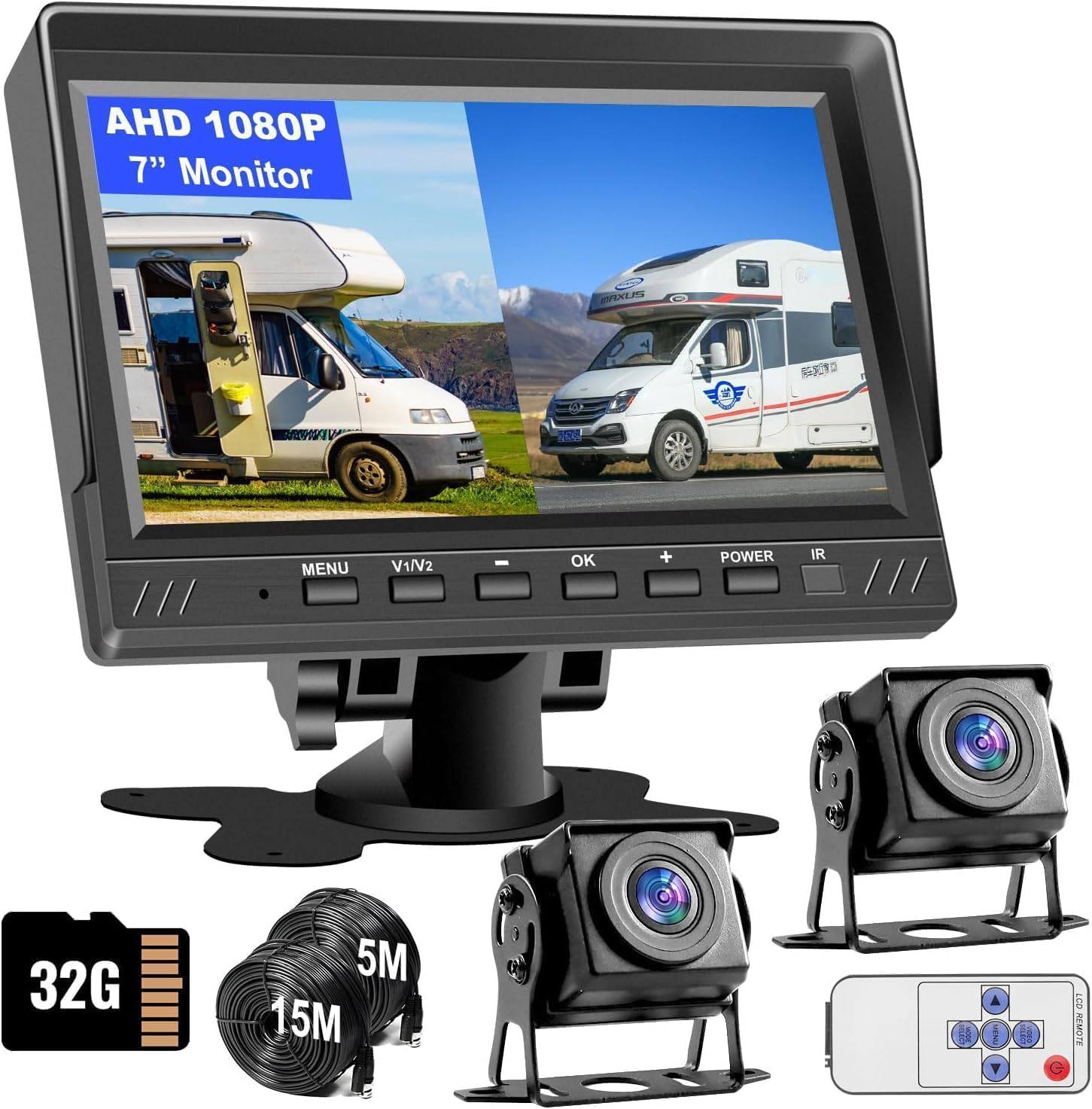 Dual Backup Camera 7″ Split Monitor with 32G SD Card Kit, AHD 2 Channels Split Screen with 32G Recording, Reversing Camera IP69 Waterproof Front & Rear View Camera for Truck Trailer Semi-Trailer Box Dual Backup Camera 7″ Split Monitor with 32G SD Card Kit, AHD 2 Channels Split Screen with 32G Recording, Reversing Camera IP69 Waterproof Front & Rear View Camera for Truck Trailer Semi-Trailer Box