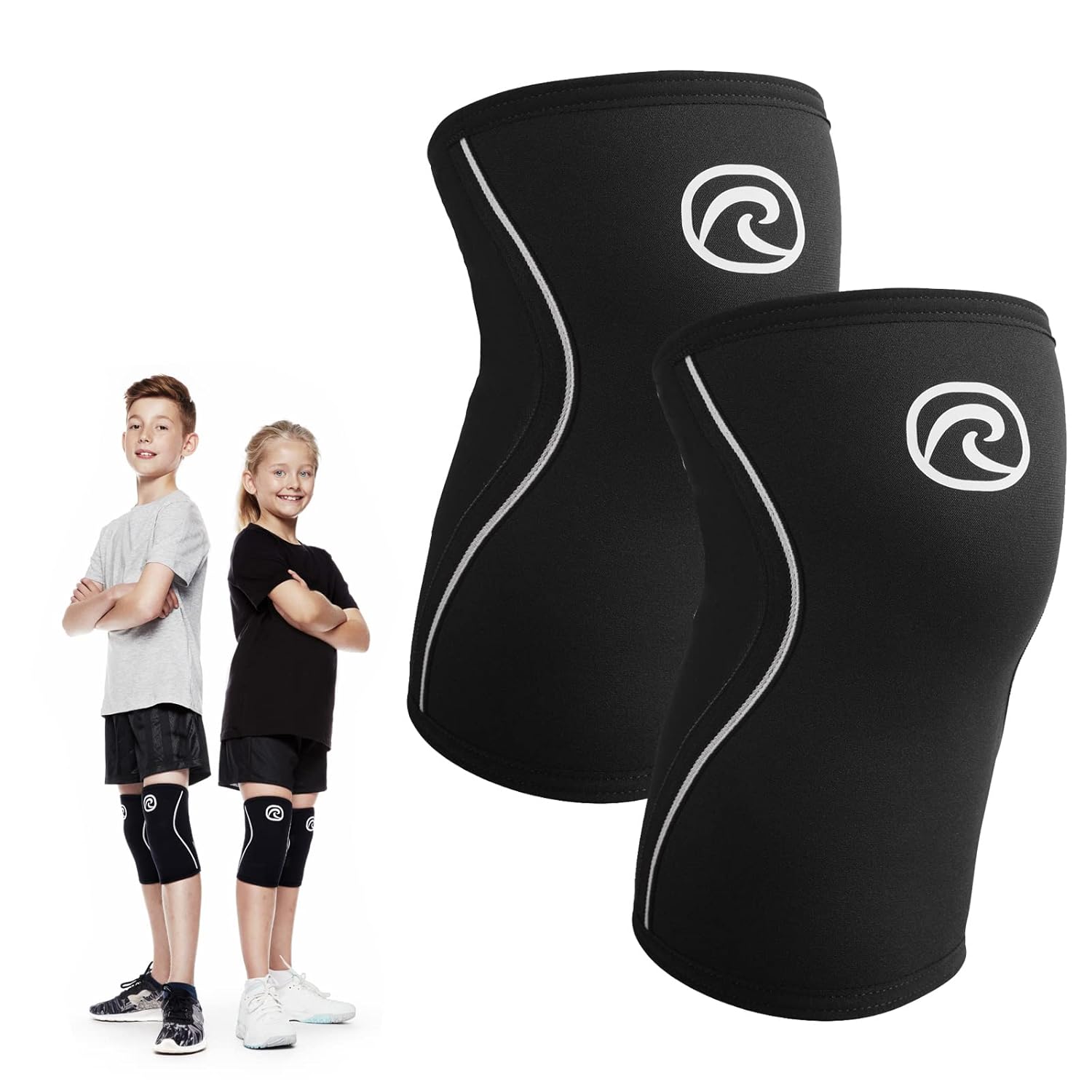 Rehband Kids Knee Sleeve made from 5mm Noprene, Knee Brace - Youth Girls & Boys Compression Knee Brace for Sports: Football, Hockey, Basketball or Running, Colour:Black - 1 Pair, Size:Medium