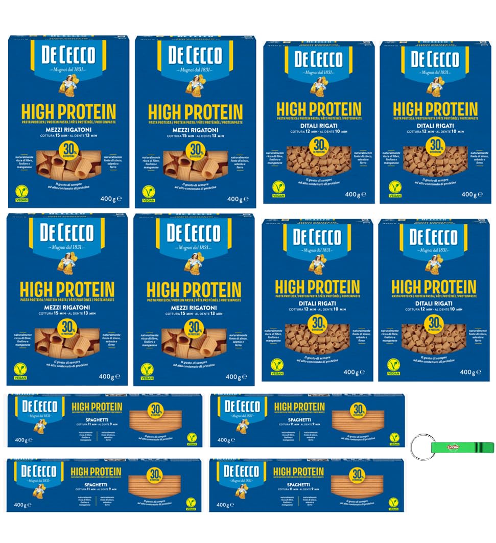 De Cecco Pasta High Protein MIX Ditali Rigati Mezzi Rigatoni Spaghetti, Italienische Hartweizennudeln, 12 Packungen à 400g + Beni Culinari Kostenloser Schlüsselanhänger