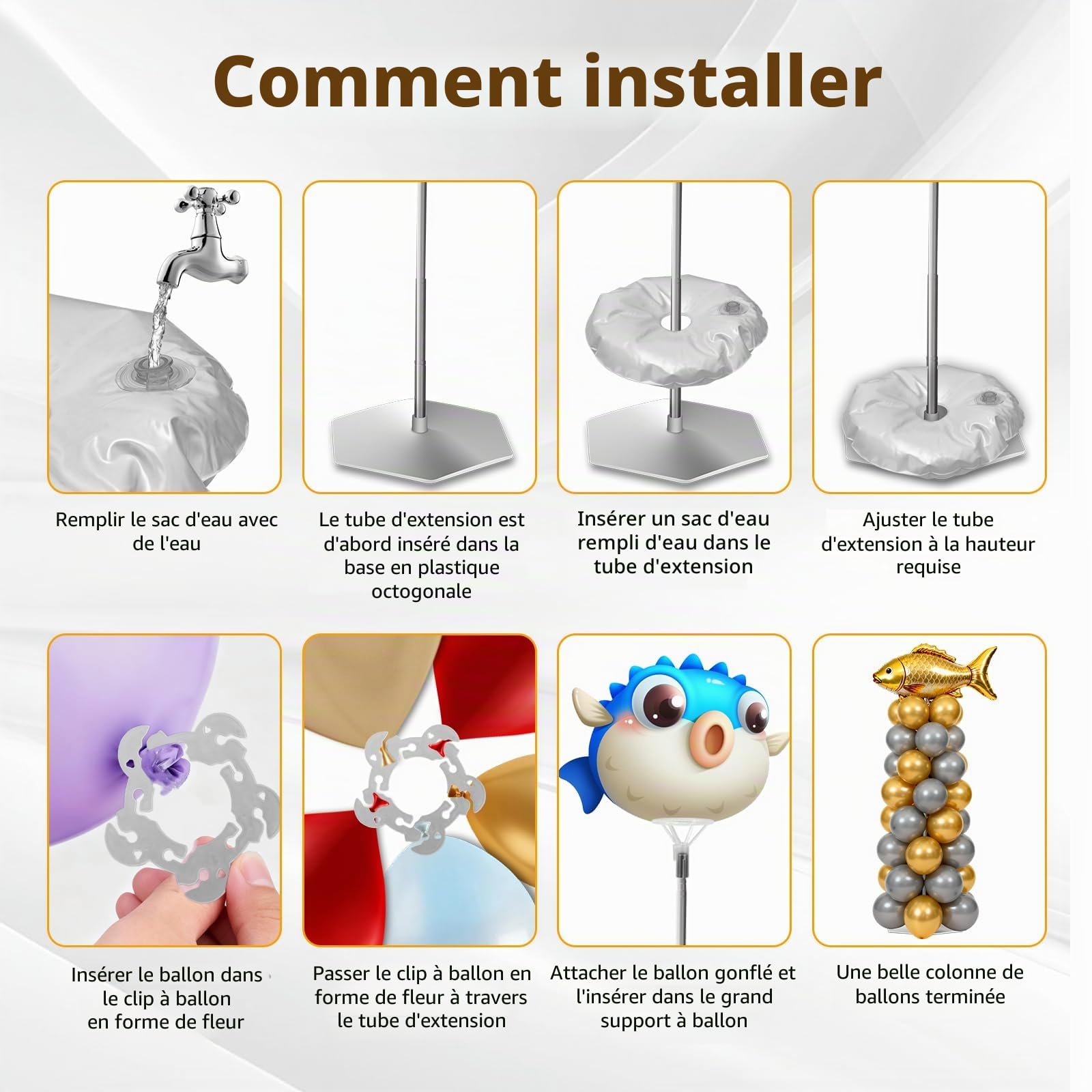 Kit De 4 Supports De Colonne De Ballon En Métal Télescopique (40-200cm) - Structure Arche Ballon Réglable & Réutilisable Avec Base Lestée (Sac D'eau) Pour Décoration Anniversaire, Mariage & Fête