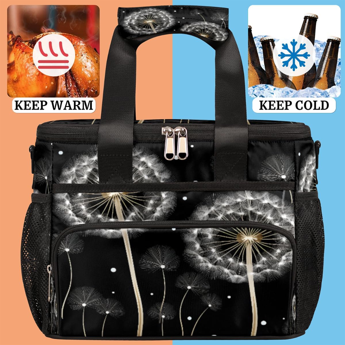 Floral Insulated Picnic Backpack Lunch Box for Women Men Picnic Basket Tote Lunch Bag Picnic Bag Portable Lunch Bags for Picnic, Beach, Work, Trip,Office, Camp Dandelion with Seeds