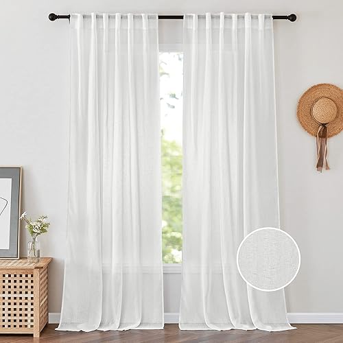 Vista 16 de PONY DANCE Cortinas transparentes para cocina, cenefas transparentes de lino sintético con textura, elegantes cortinas de gasa con pestaña trasera