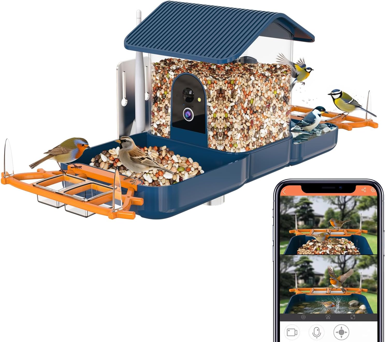 Dual-Lens Bird Feeder with Camera & Bird Bath Combo, Watch Birds Eat & Bathe with WiFi 2K HD Video, Auto Record, AI Recognition, APP Alerts, Solar Powered, for Backyard Garden Porch Fence Decor