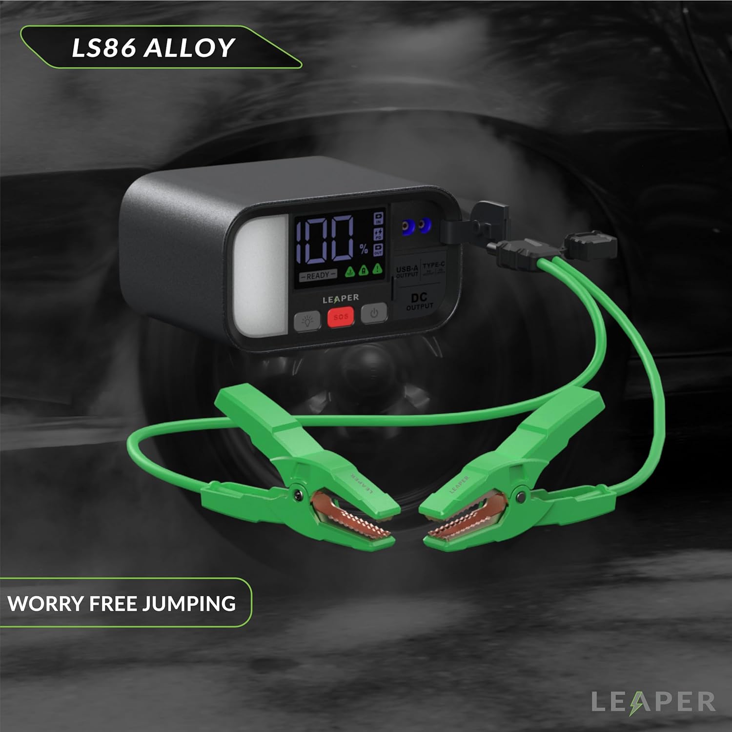 Leaper 12V Jump Starter, Black Aluminum Casing, 2000A Peak Current, 20000mAh Capacity, 3'' Digital Screen, Non-Polarized Green Clamps. Protective Carrying Case and a UL PD65W Premium Charger