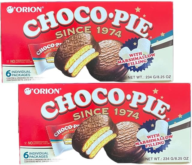 ORION Korean Choco Pie with Marshmallow Filled Chocolate Biscuit Snacks 234g (2 Packs, 12 Pieces)