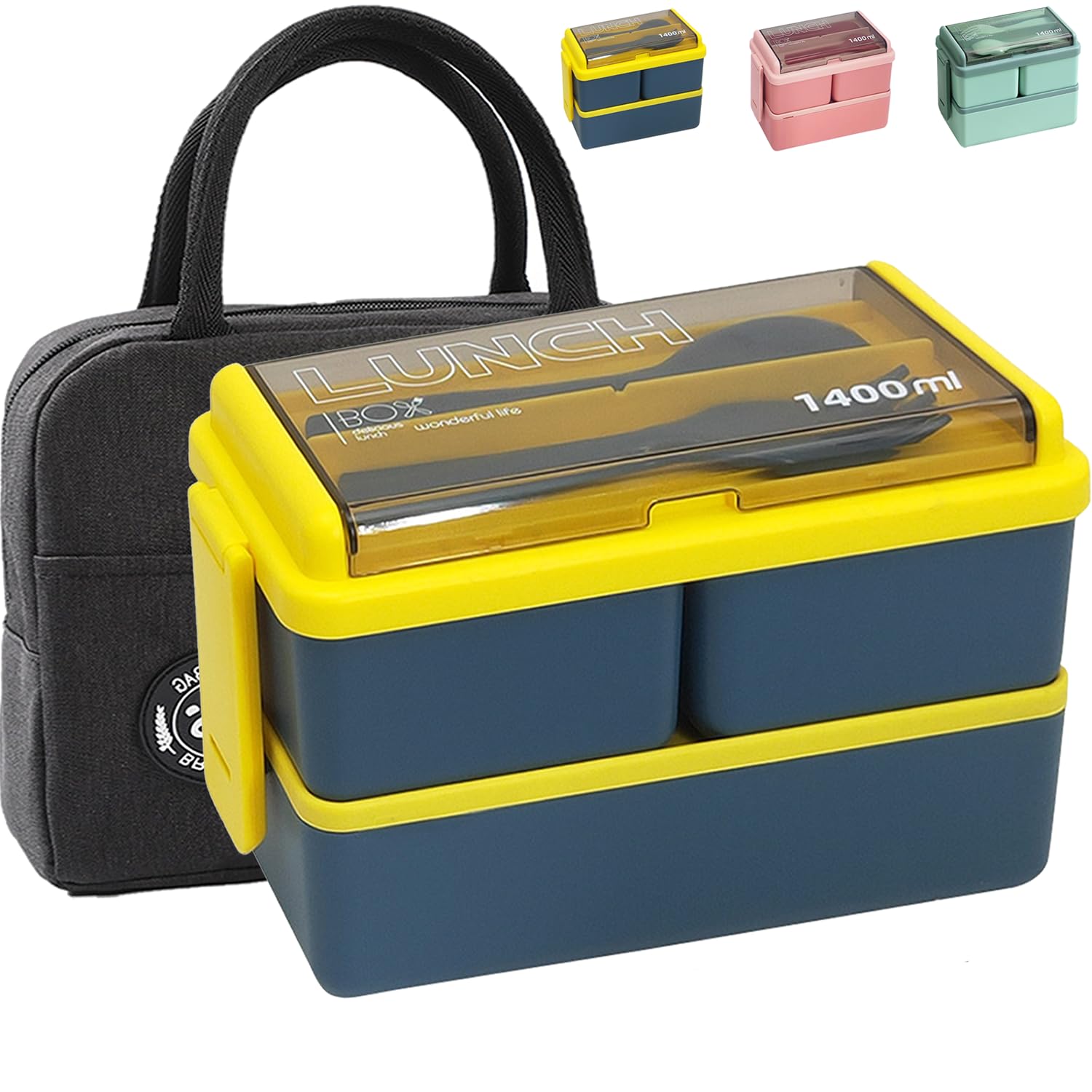 Photo 1 of Bazasa Bento Lunch Box Lunch Containers for Work Lunchbox for Men Woman Leak-Proof Lunch Box With 3 Compartments & Sauce Container Blue Bento Box Microwave-& Dishwasher-Safe