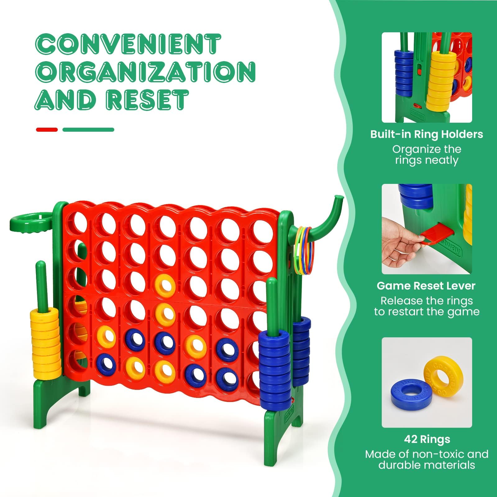 RELAX4LIFE Juego de 4 en Raya para Niños y Adultos, para Exteriores e Interiores, 4 en Raya Gigante, Regalo para niños (84x33x74cm, con Canasta, Pelota, 5 Anillos -C)