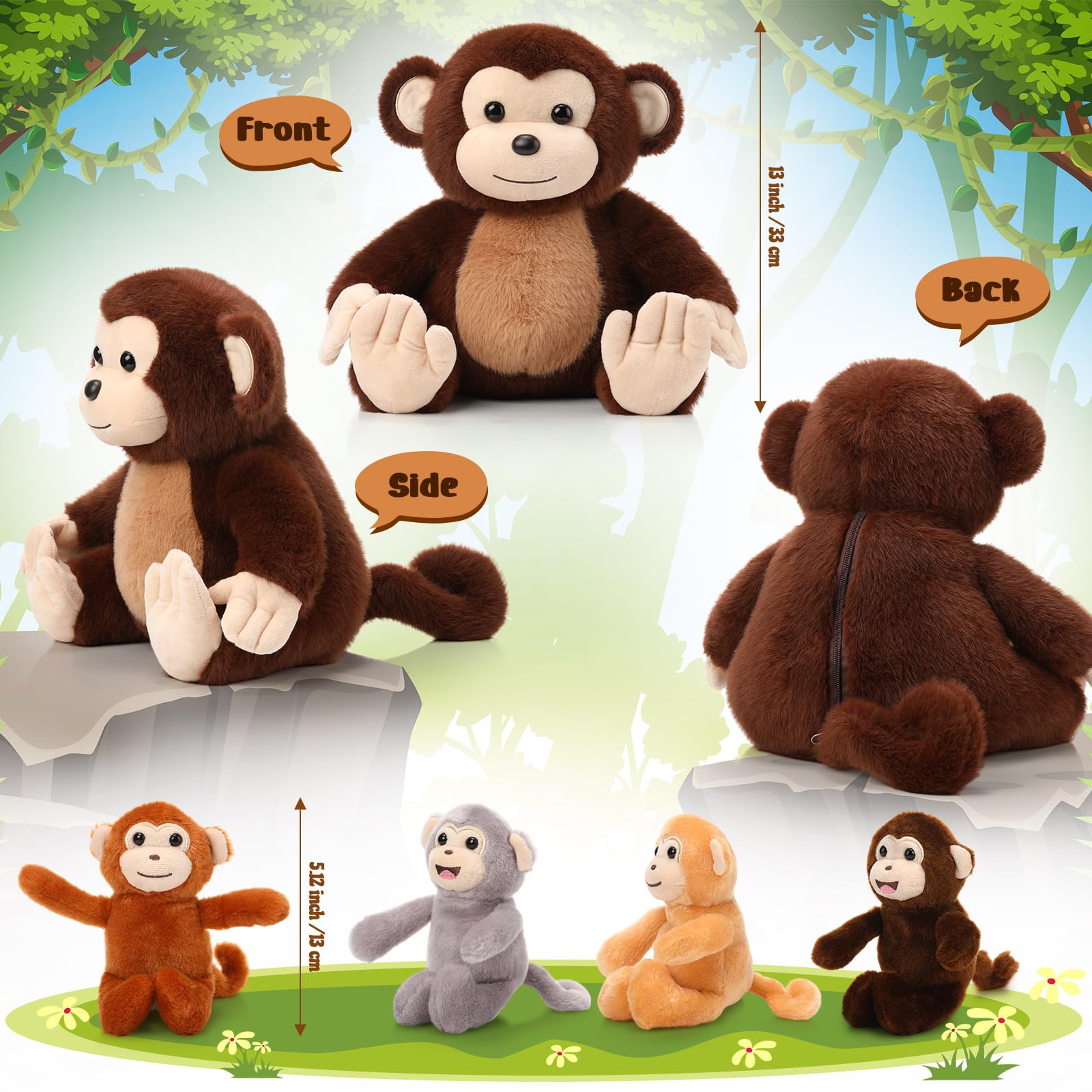 Aoriher 5 Pieces Monkey Plush Toy Set 1 Mommy Monkey Stuffed Animal with 4 Cute Plush Babies in Her Tummy 13 Inch Cuddly Monkey Plushie Gifts for Christmas Boys Girls Birthday Party(Cute Style) - Image 2