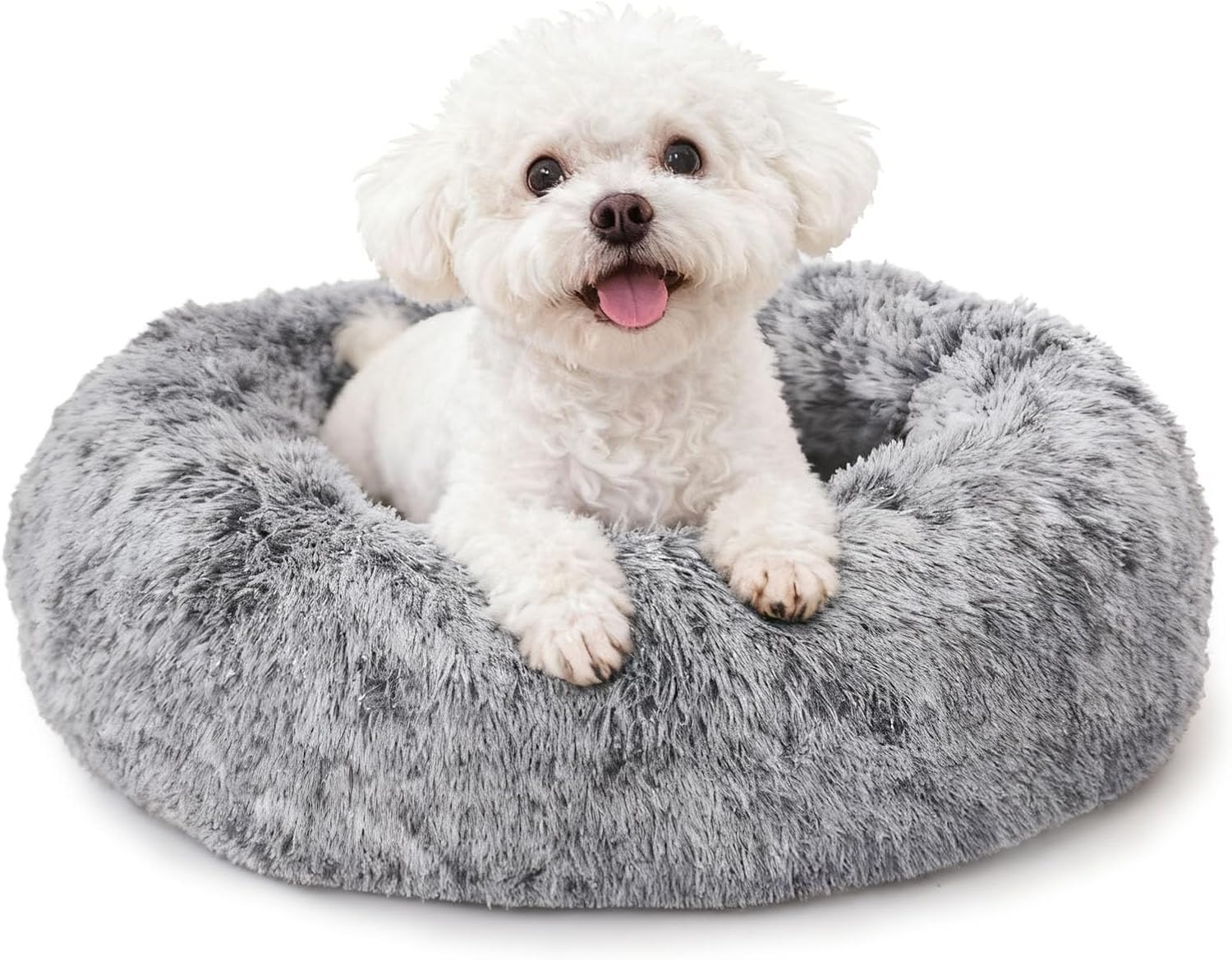 Calming Dog Bed for Small Dogs, Anti-Anxiety Donut Small Puppy Bed Washable, Fluffy Plush Faux Fur Large Cat Bed, Fits up to 25 lbs Pets (Dark Grey, 23")