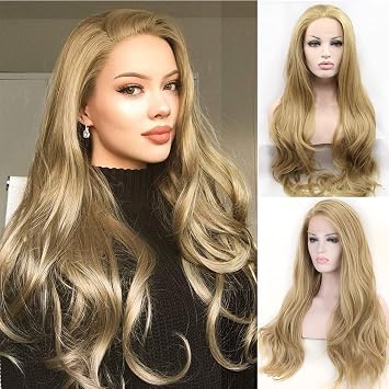 Xiweiya 13x3 Lace Wigs Long Wavy Ash Blonde Lace Front Wig Heat Resistant Replacement Synthetic Champagne Gold Wigs for Women, Drag Queen Cosplay Makeup 24 Inches