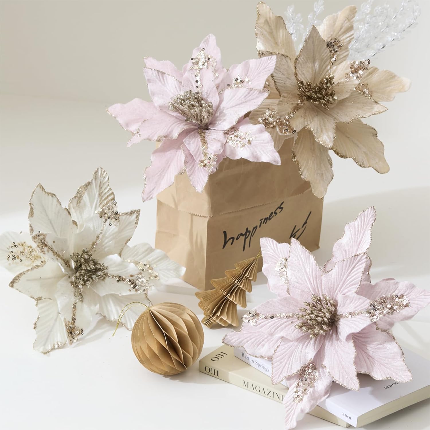 vctops 6 Pcs Christmas Poinsettia Artificial Flowers Shining Glitter Artificial Flower for Xmas Tree Wreath Ornaments New Year Wedding Party Holiday DIY Decoration, Pink