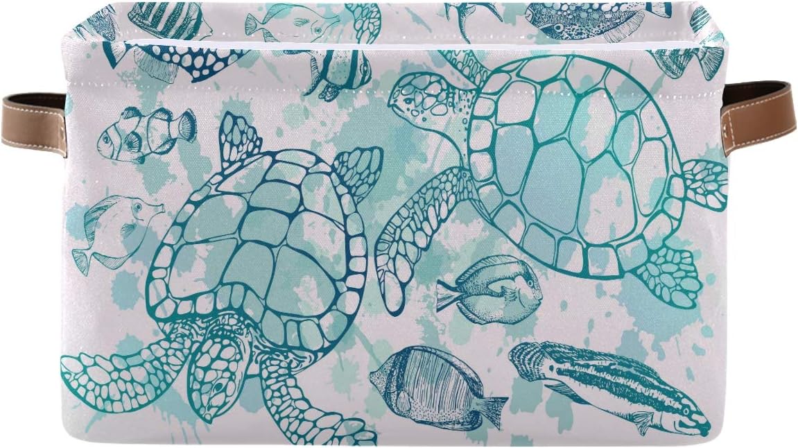 Storage Basket Cube Tropical Ocean Sea Turtle Fish Large Collapsible Toys Storage Box Bin Laundry Organizer for Closet Shelf Nursery Kids Bedroom,15x11x9.5 in,1 Pack