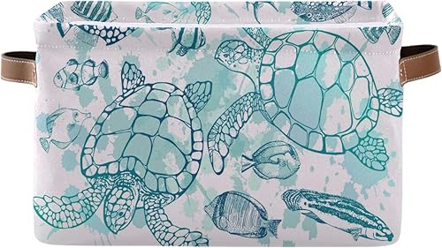 Cesta de almacenamiento con forma de cubo de tortugas marinas tropicales, peces y tortugas marinas, caja de almacenamiento plegable grande para