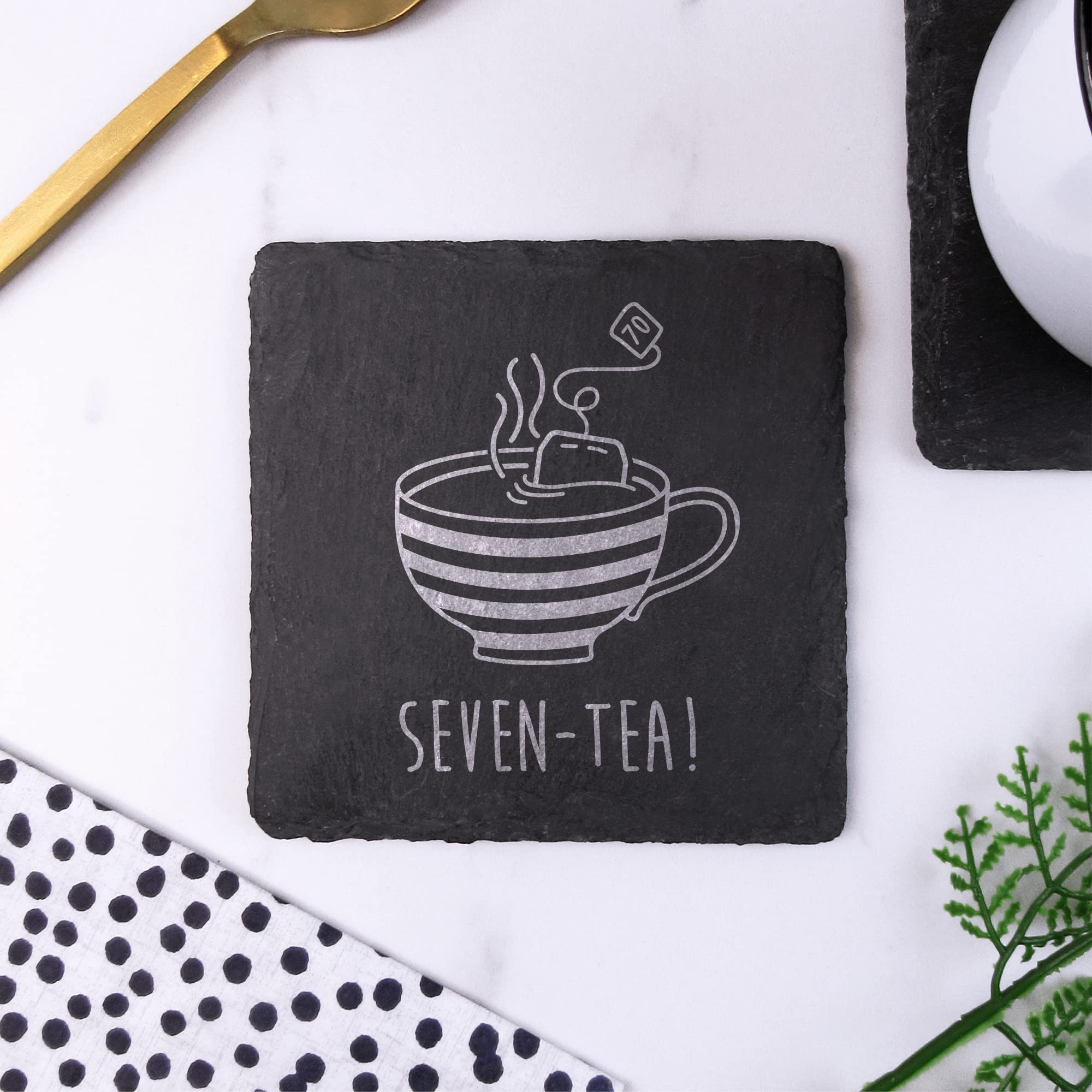 Ebuygb Men's Grey Engraved Square Slate Coaster -"Seven-Tea" Design - 70Th Milestone Birthday Gifts For Him - Seventieth Gift For Friend, Grandad, Dad, Husband - Drinks Mat