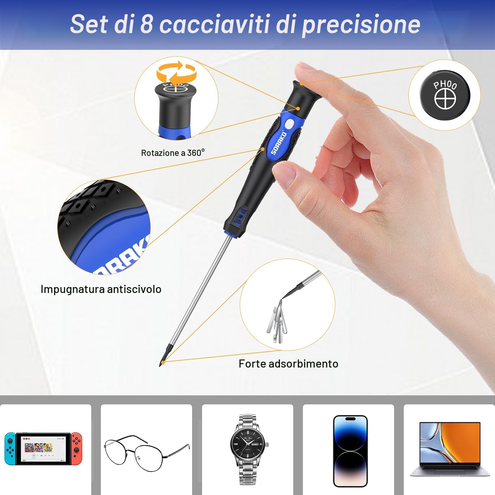 SORAKO Set cacciaviti professionali 118 pezzi, incluso cacciavite a cricchetto, punte, di precisione, da elettricista isolati, tester di tensione, per casa, ufficio, manutenzione