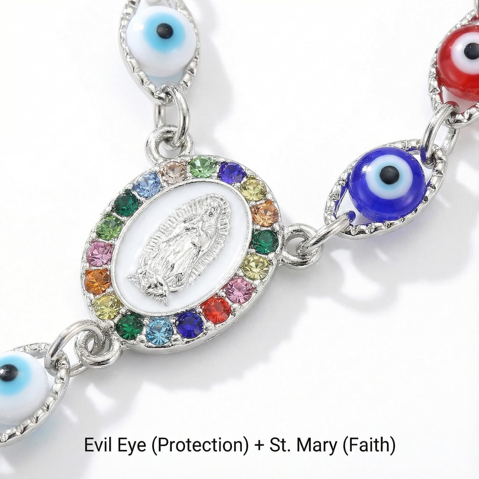 Car Rosary for Rearview Mirror Silver Evil Eye Rearview Mirror Auto Rosary Beads Car Medal and Cross Hanging — view 3