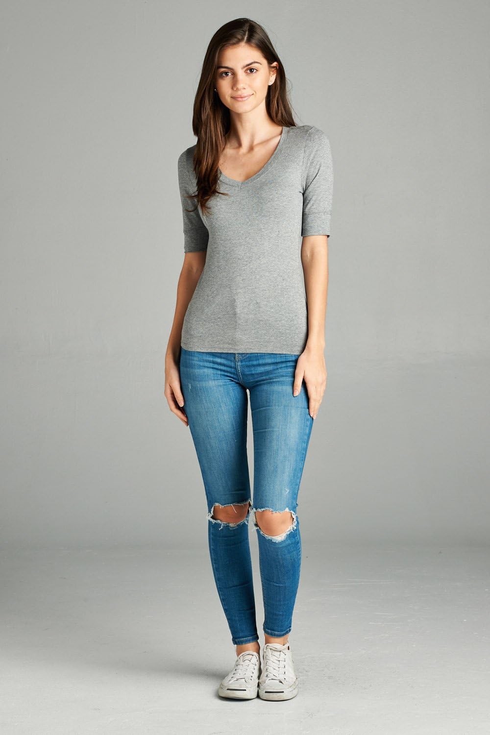 Emmalise Women's Slim Athletic Fit Vneck Tshirt Half Sleeves Top (H Oat, Large) - Image 3