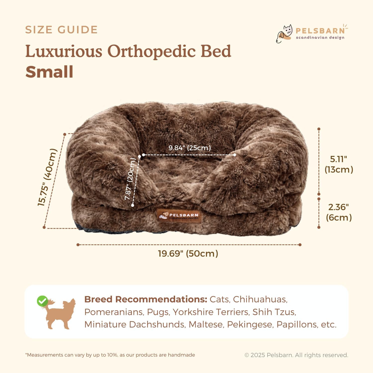 Pelsbarn Luxurious Orthopedic Dog Bed - Small (19.6" x 15.7") Therapeutic Joint Support Pet Bed - Velvety Soft Removable Washable Cover - Brown