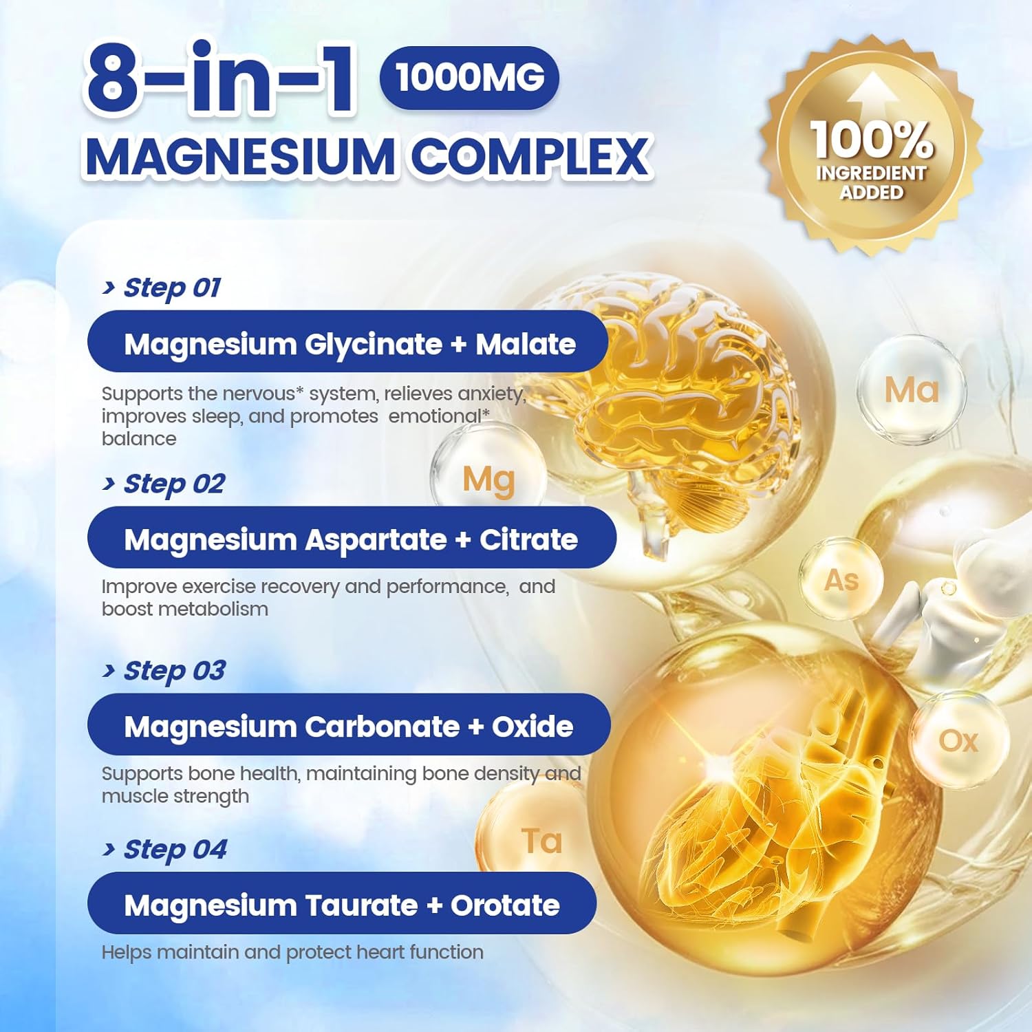 1000mg Magnesium Complex for Women & Men*, 8 Elemental with Magnesium Glycinate, Citrate, Malate, Taurate, Oxide, Carbonate, Aspartate, Orotate for Bones, Muscle, Recovery, Energy, Vegan, 90 Capsules thumbnail