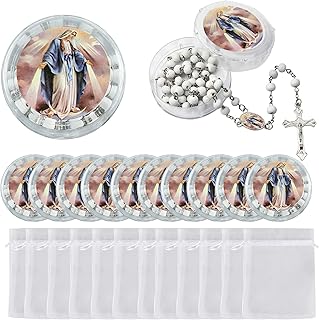 12 PCS Miraculous Our Lady of Grace Rose Scented Rosary Religious Gift Favors Wood bead Rosary Necklace in gift box Organza bag