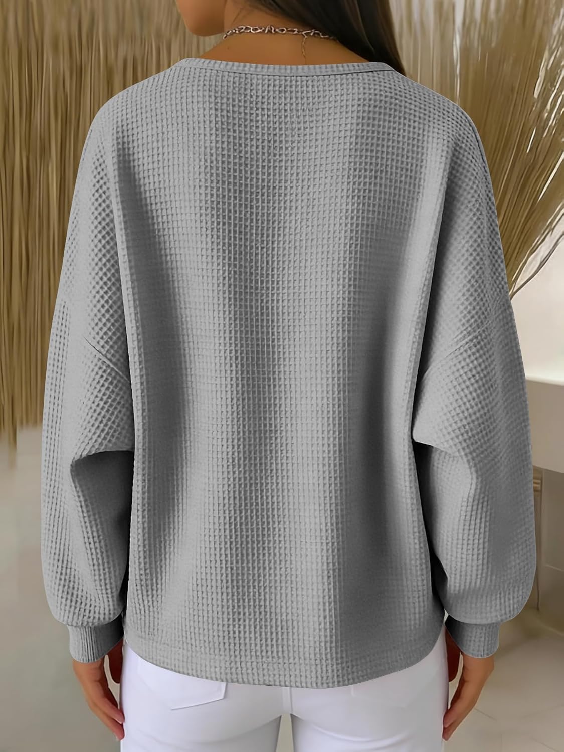 Women's Plaid Waffle Knit Sweater Long Sleeve Round Neck Pullover Casual Printed Top - Image 5