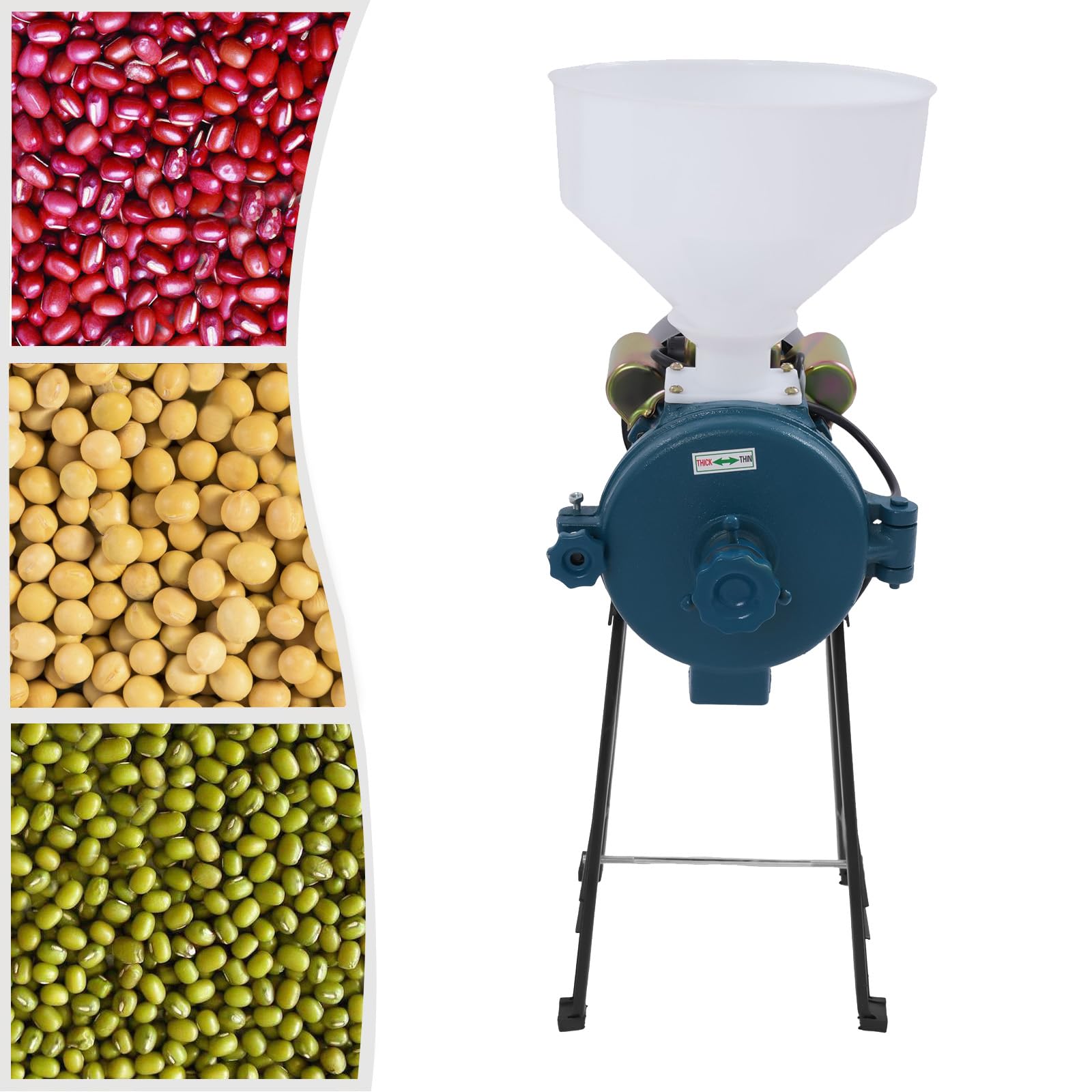 Mulino Elettrico Grano,Macina a Secco con Imbuto,Macinino Trituratore Smerigliatrice per cereali Commerciale Meccanico Elettrica può Riso Soia Sorgo e Mais 50-75kg/h(Blu)