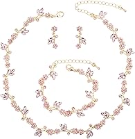 QLLYHLH Pink Gold Plated Bridesmaid Jewelry Set: Flower Leaf Choker Necklace, Dangle Earrings, Link Bracelet with Austrian Crystals - Wedding Prom Party