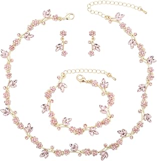 QLLYHLH Pink Gold Plated Bridesmaid Jewelry Set: Flower Leaf Choker Necklace, Dangle Earrings, Link Bracelet with Austrian Crystals - Wedding Prom Party