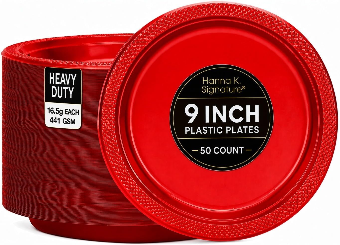Hanna K. Signature Collection Red Plastic Plates, 9‑Inch Round, 50 Count – Disposable Heavy‑Duty Dinner Party Plates for Weddings, BBQs & Birthdays
