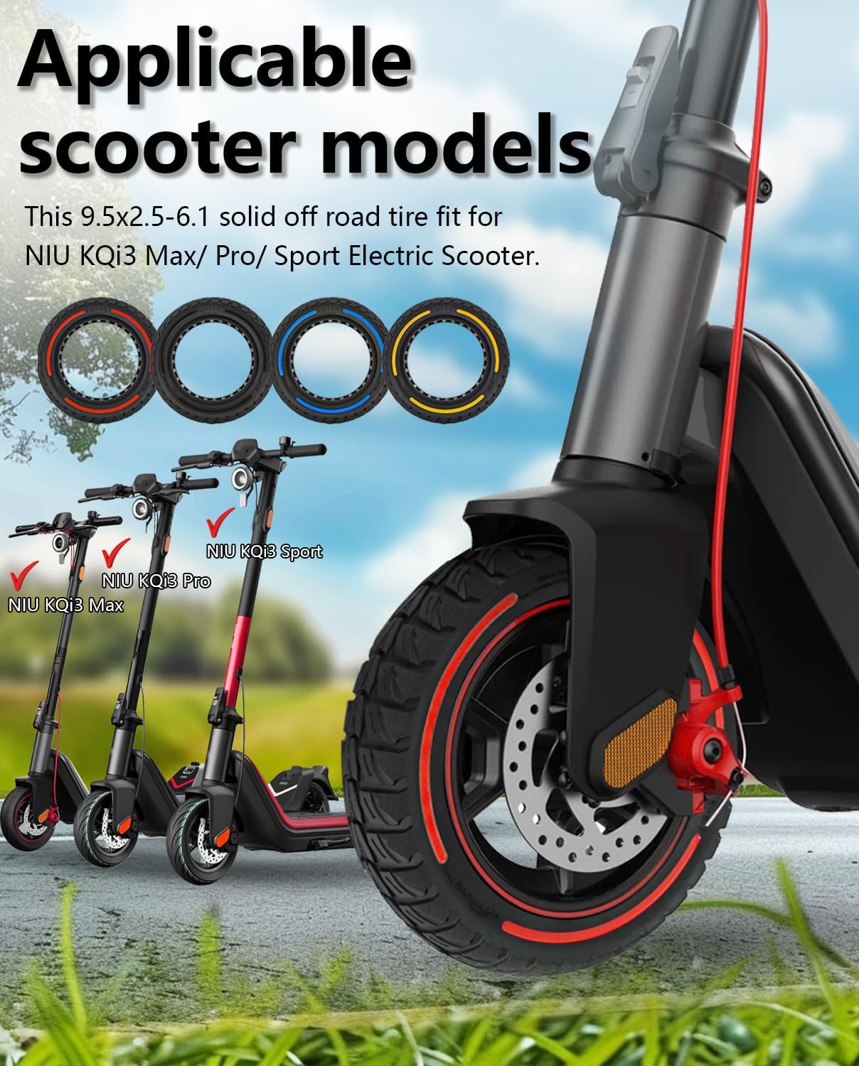 9.5x2.50 Solid Tire, Replacement for NIU KQi3 MAX tire, Fit fot NIU KQi3 Pro/Sport Scooter, 9.5x2.5-6.1 Off-road Tubeless tire, Puncture-Free, Hassle-Free Maintenance, Shockproof (Red 1Pc)