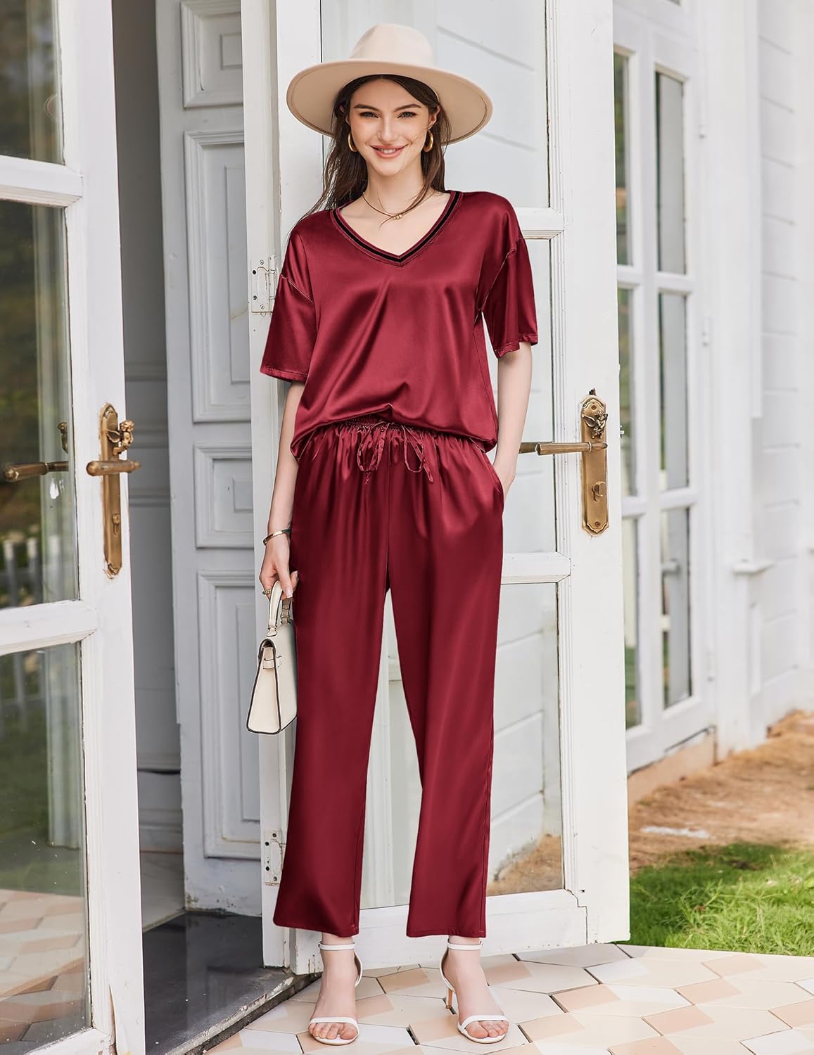 Ekouaer Satin Pajama Set for Women Short Sleeve Silky Pjs 2 Piece Lounge Sets Soft Comfy Sleepwear Loungewear S-XXL - Image 4