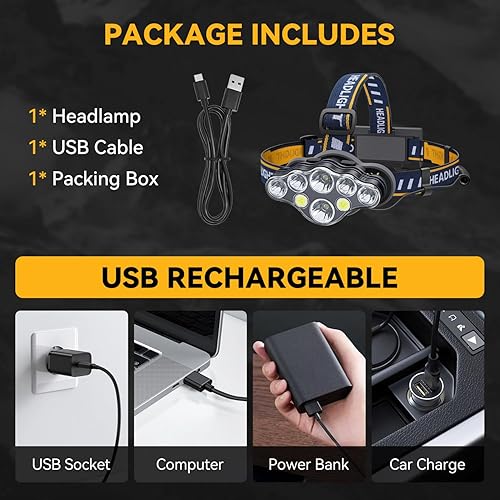 Miniatura 6 de Aigostar Linterna frontal recargable de 6500 K, 600 lúmenes, impermeable, brillante, SOS intermitente, de larga duración, para exteriores, para