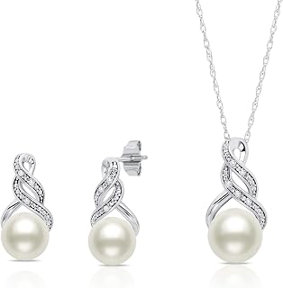 Sterling Silver Pearl Jewelry Set with Diamonds | Freshwater Pearl Earrings & Necklace for Women | Real Pearl Necklace and Earring set | Silver Pearl Earrings and Necklace Set for Women