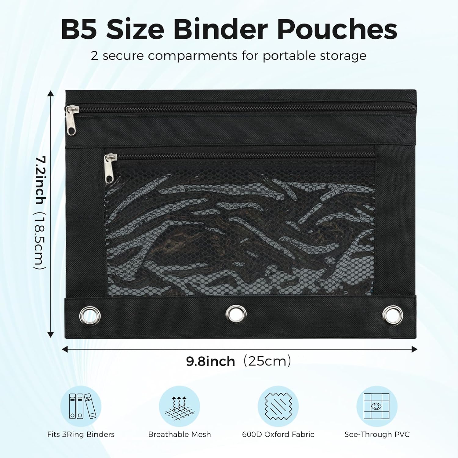 Pencil Pouch for 3 Ring Binder - 3 Hole Zipper Pen Case Bag Holder Bulk Accessories Clear Window Aesthetic Organizer Pockets (Stain Black) image 2