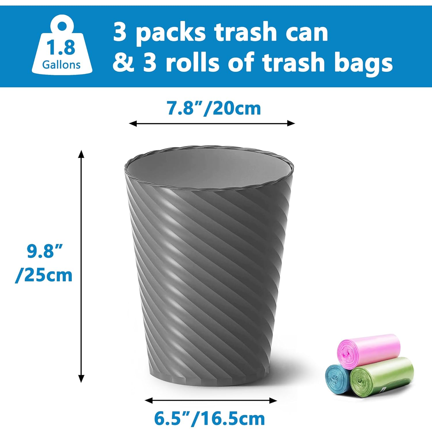 Lysam Bathroom Trash Can, 3 Pack 1.8 Gallons Small Trash Can with Trash Bags, Bathroom Garbage Can, Plastic Trash Bin, Round Waste Basket for Bedroom, Office, Room (White Black Grey)